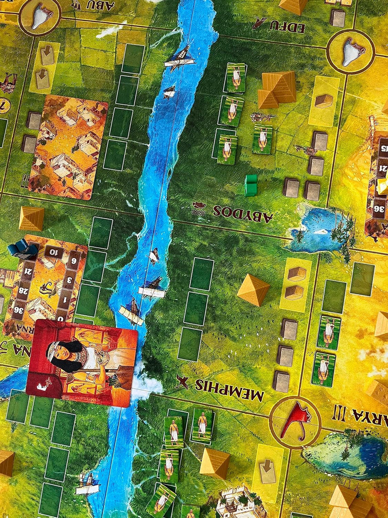 Board game map with labeled cities and regions, featuring a river.