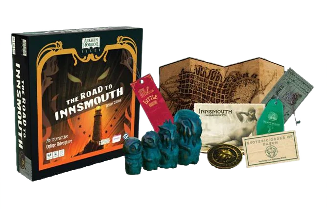 The Road to Innsmouth Deluxe Edition Board game components including a box, cards, and pieces on a white background
