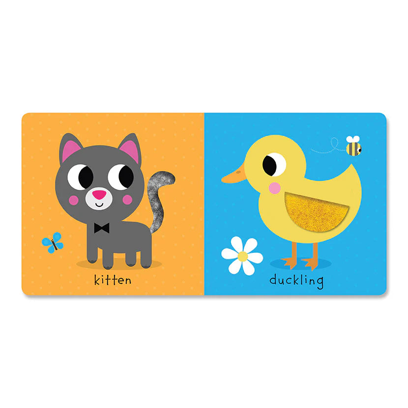 Children's book with illustrations of a kitten and a duckling on orange and blue backgrounds. Baby Animals Touch & Feel Book