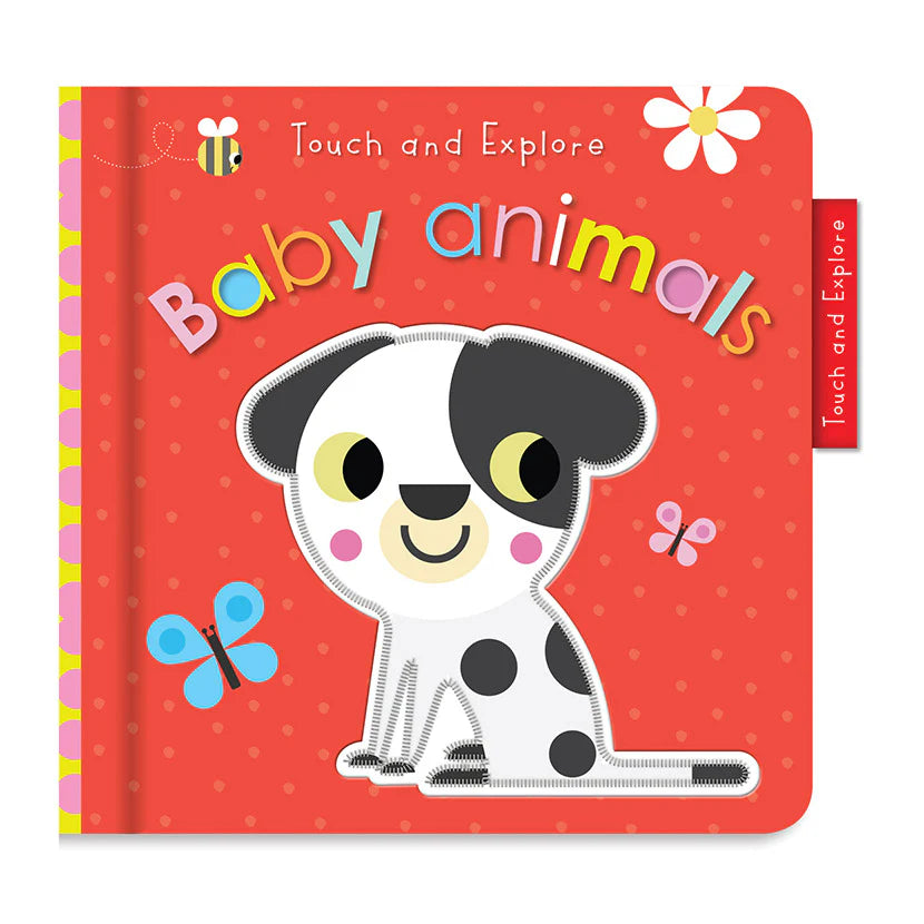 Children's book titled 'Baby Animals' with a cartoon dog on a red background. Baby Animals Touch & Feel Book