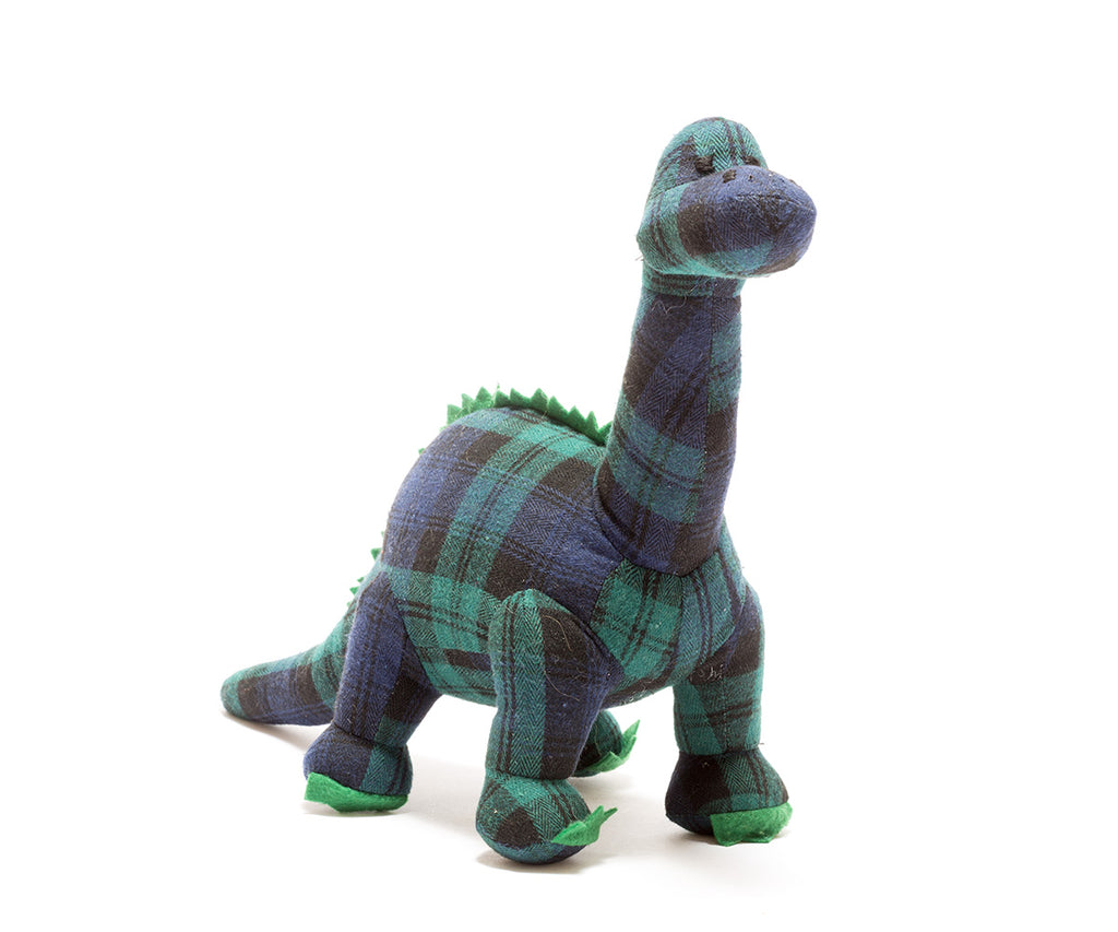 This gorgeous Diplodocus dinosaur in dark blue and green tartan is a happy chappy! Sold by Say It Baby Gifts