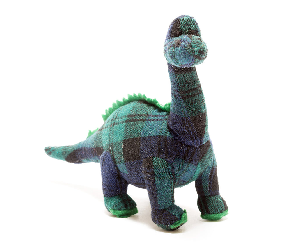 Best Years Knitted Diplodocus Baby Rattle - Tartan. Small rattle. Sold by Say It Baby Gifts
