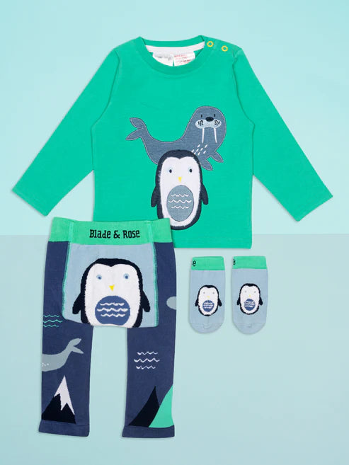Blade & Rose Arctic Friends Leggings - bold, bright and fun! These fab leggings in blue and green feature a sweet fluffy penguin design.