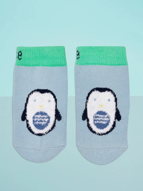 Blade & Rose Arctic Friends Socks - bold, bright and fun! These festive socks in pale blue feature a penguin and contrasting green detail heel.