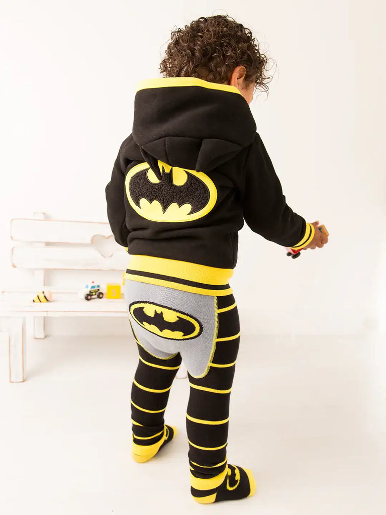 Blade & Rose Batman Hoodie. Child wearing a Batman-themed hoodie and leggings set on a white background