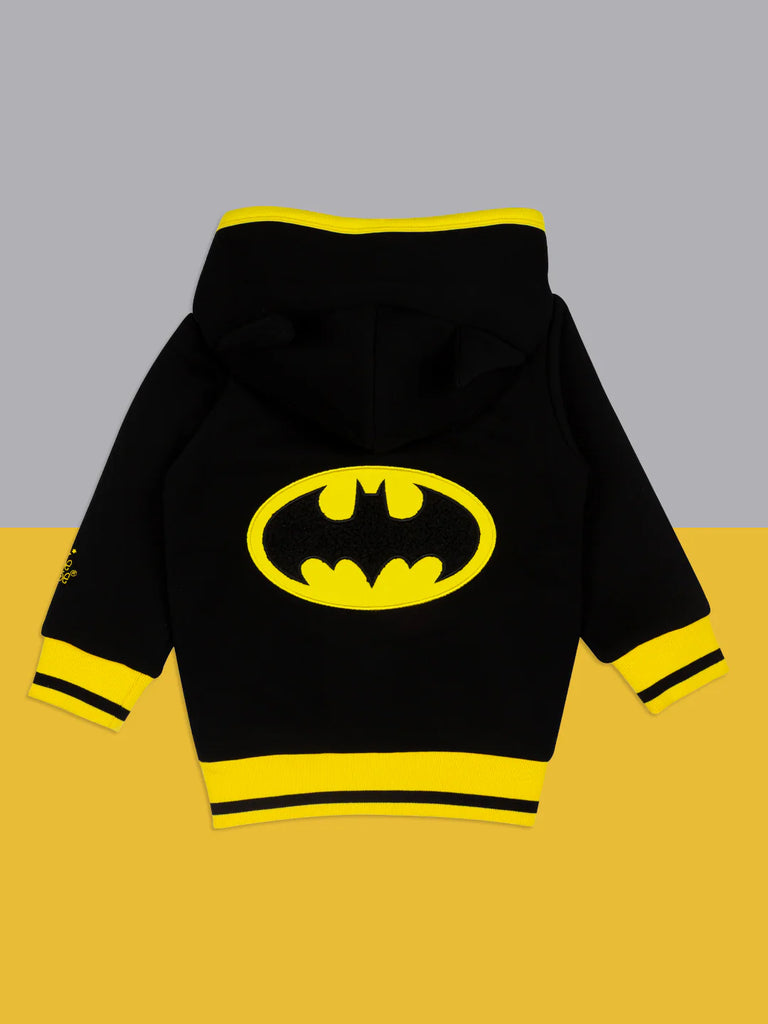 Blade & Rose Batman Hoodie. Black hoodie with yellow Batman logo on a gray and yellow background