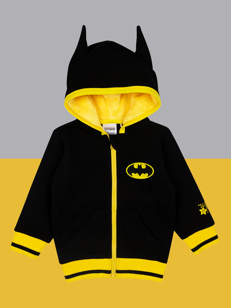 Blade & Rose Batman Hoodie. Black and yellow hoodie with Batman logo on a gray and yellow background