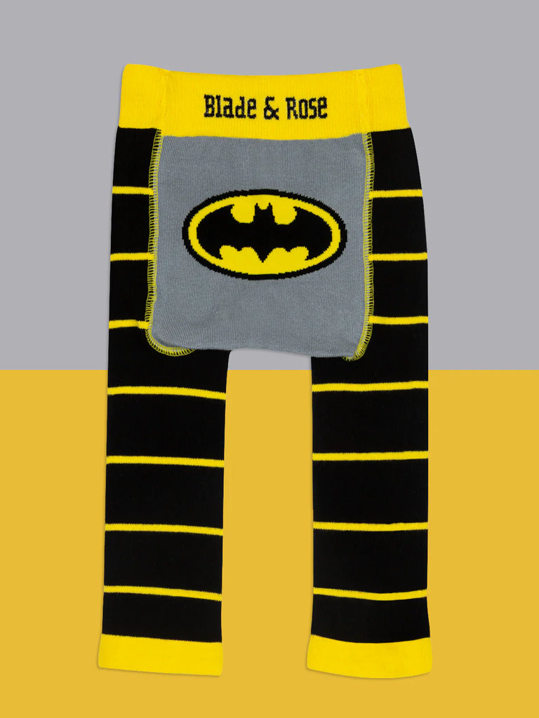 Blade & Rose Batman Leggings. Leggings with Batman logo and Blade & Rose branding on a gray and yellow background