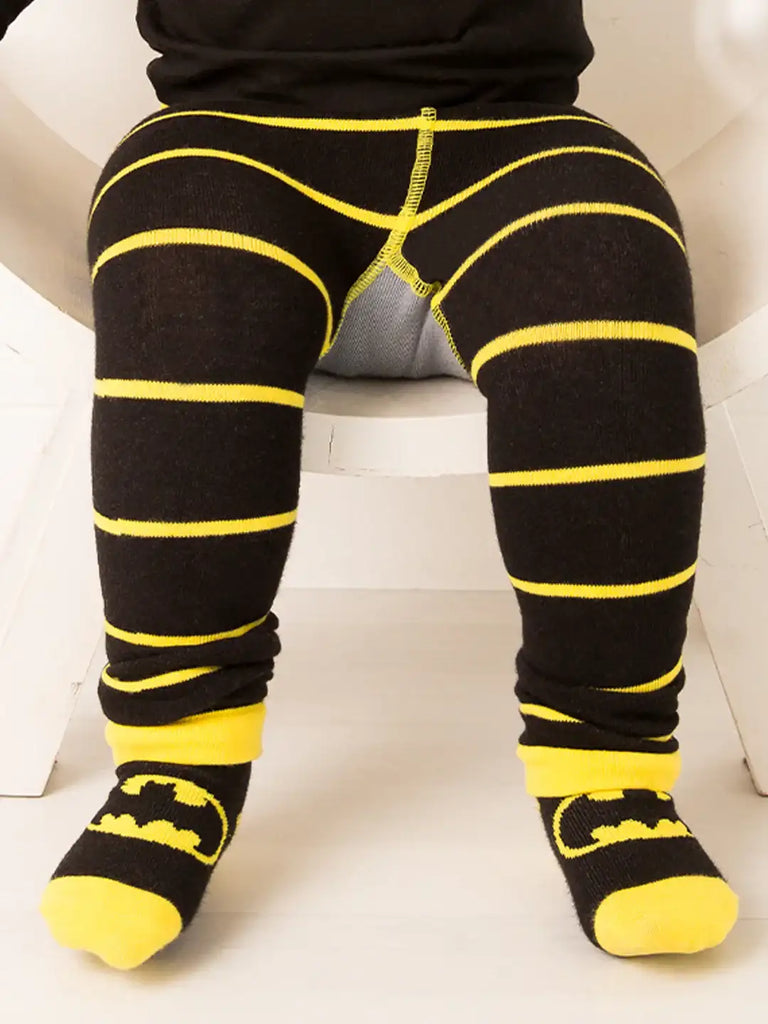Blade & Rose Batman Socks. Black and yellow striped tights with Batman logo on a white background