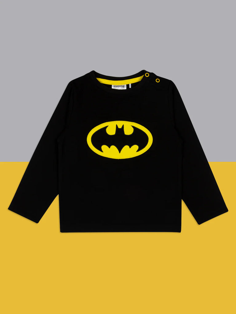 Blade & Rose Batman Top. Black long-sleeve shirt with yellow Batman logo on a gray and yellow gradient background