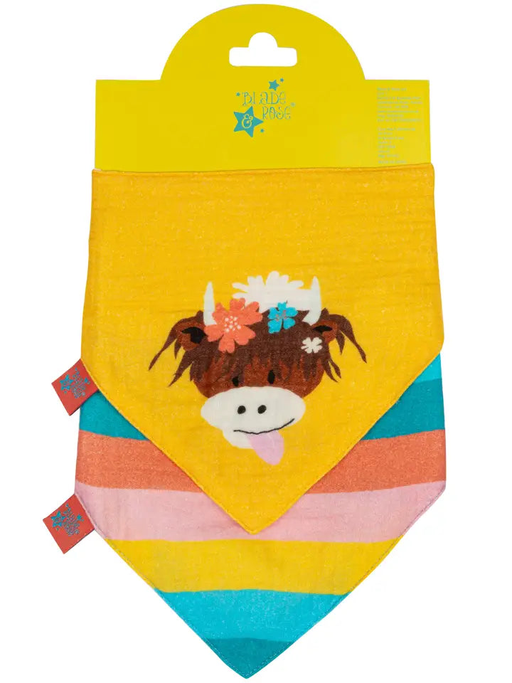 Blade & Rose Bonnie Highland Cow Muslin Bibs - bold, bright and fun! These gorgeous lightweight bibs are made from 100% Cotton.
