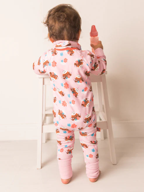 Blade &amp; Rose Bonnie Highland Cow Zip-Up Romper - bold, bright and fun!  Back view