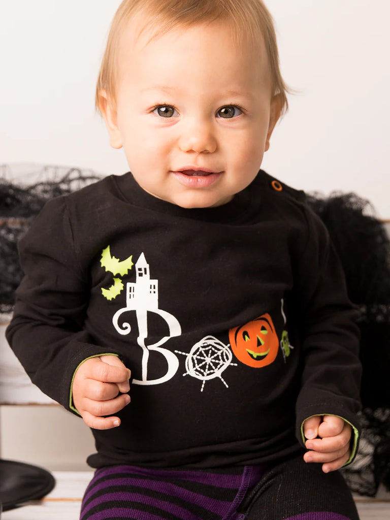 Blade & Rose Boo Top - bold, bright and fun! This gorgeous black top features a sweetly spooky "Boo" design with pumpkin and cobwebs. It also glows in the dark!
