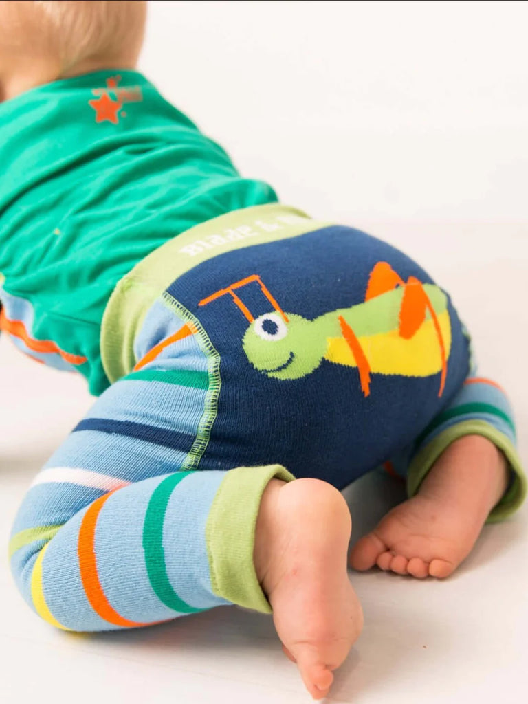 Blade & Rose Bugs Leggings - bold, bright and fun! These fab leggings are pale blue with multi-colour stripes and a bold bug design on the bottom! 