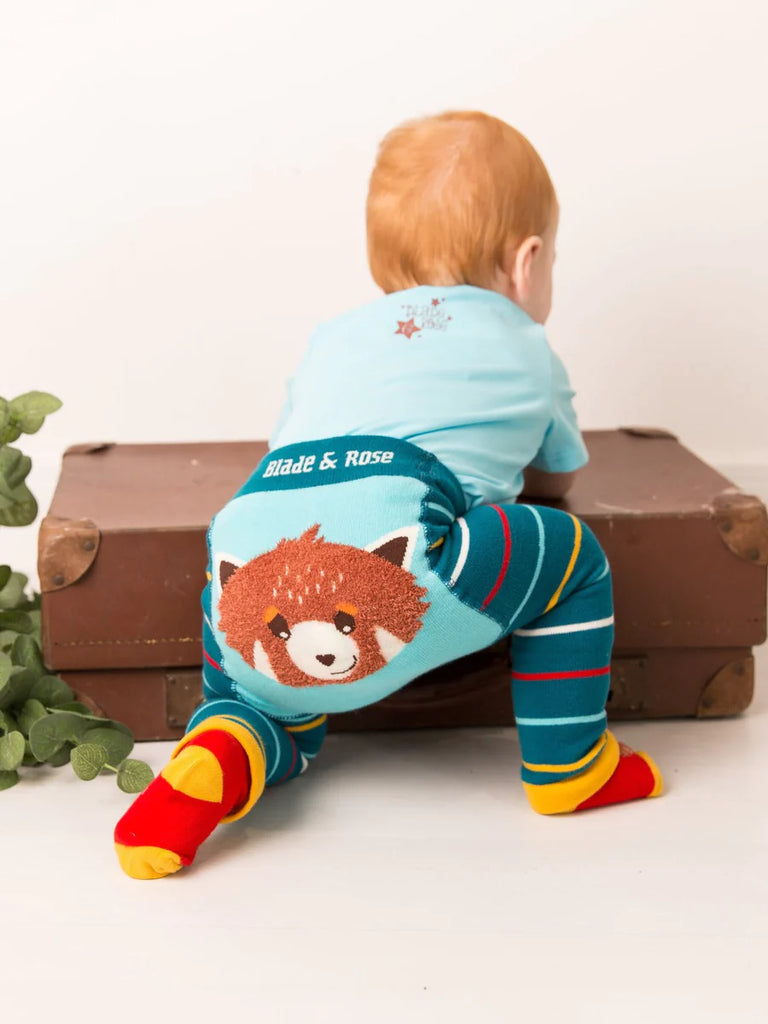 Blade & Rose Chip the Red Panda Leggings - bold, bright and fun! These fab leggings in teal with blue, yellow, white and red stripes feature a fluffy Chip the Red Panda design on the bottom!