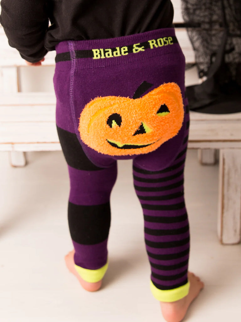 Blade & Rose Fluffy Pumpkin Leggings - bold, bright and fun! These fab leggings are black and purple striped with a gorgeous fluffy Pumpkin design on the bum.
