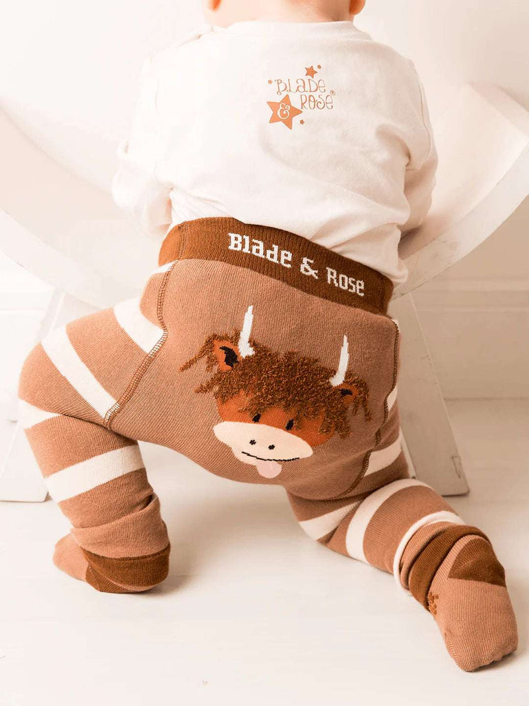 Blade & Rose Neutral Hamish Cow Leggings - bold, bright and fun! These fab leggings are brown and cream with a cute Hamish the Cow design. colourful background - detail on bottom