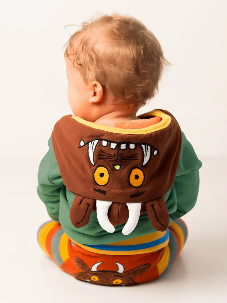 Blade & Rose Gruffalo Hoodie Child wearing a colorful outfit with a gruffalo themed hoodie on a white background