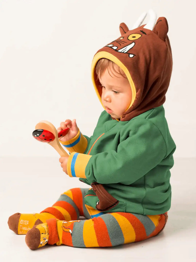Blade & Rose Gruffalo Hoodie. Child wearing a green and brown animal-themed gruffalo outfit.