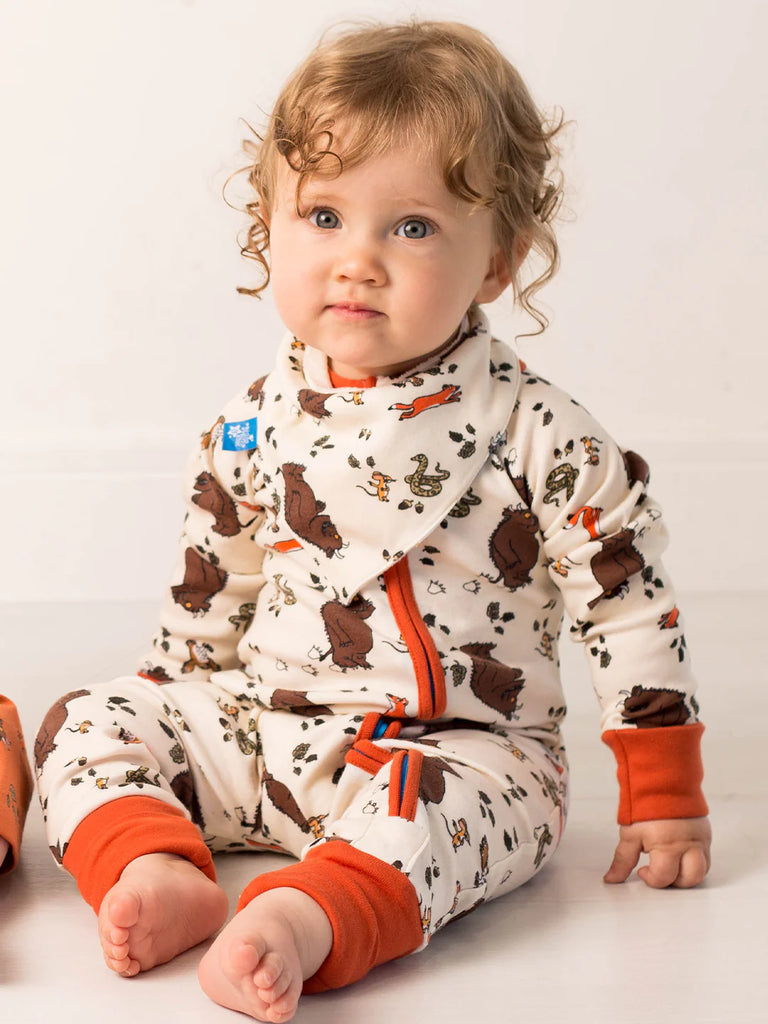 Blade & Rose Gruffalo Zip-Up Romper. Child wearing a patterned outfit with orange accents on a plain background