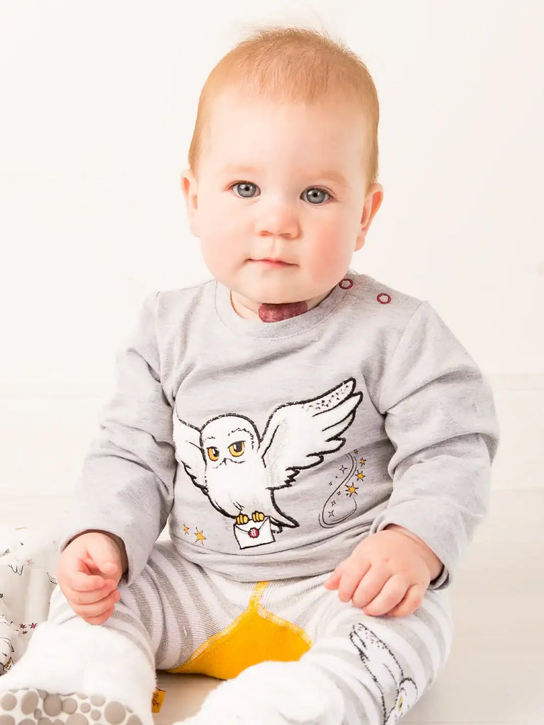 Blade & Rose Harry Potter Hedwig Top. Baby wearing a gray onesie with an owl design on a white background