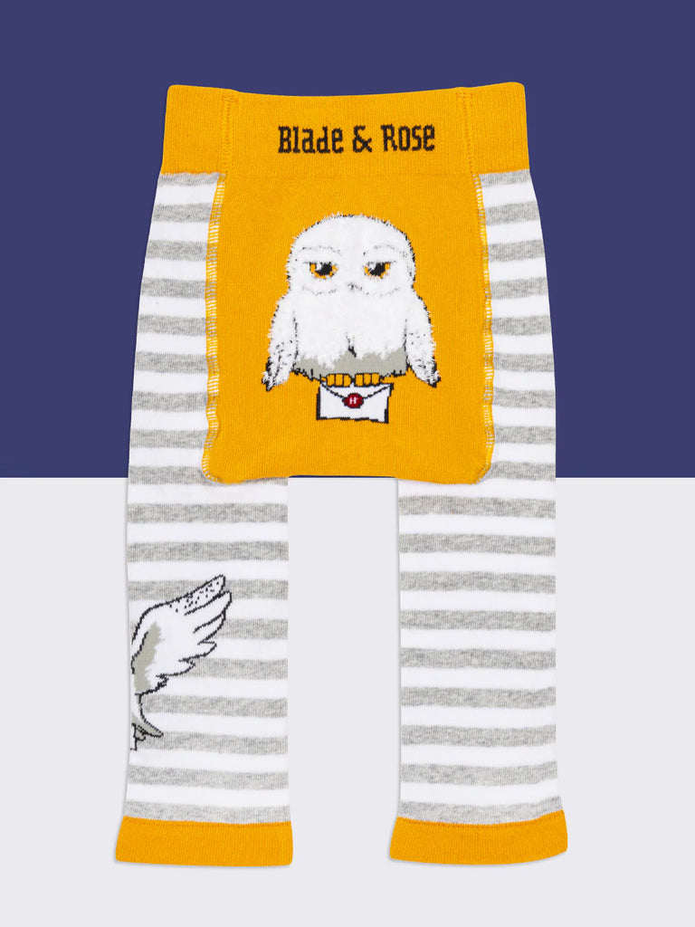 Blade & Rose Harry Potter Hedwig Owl Leggings. Striped leggings with owl design and 'Blade & Rose' branding on a blue background