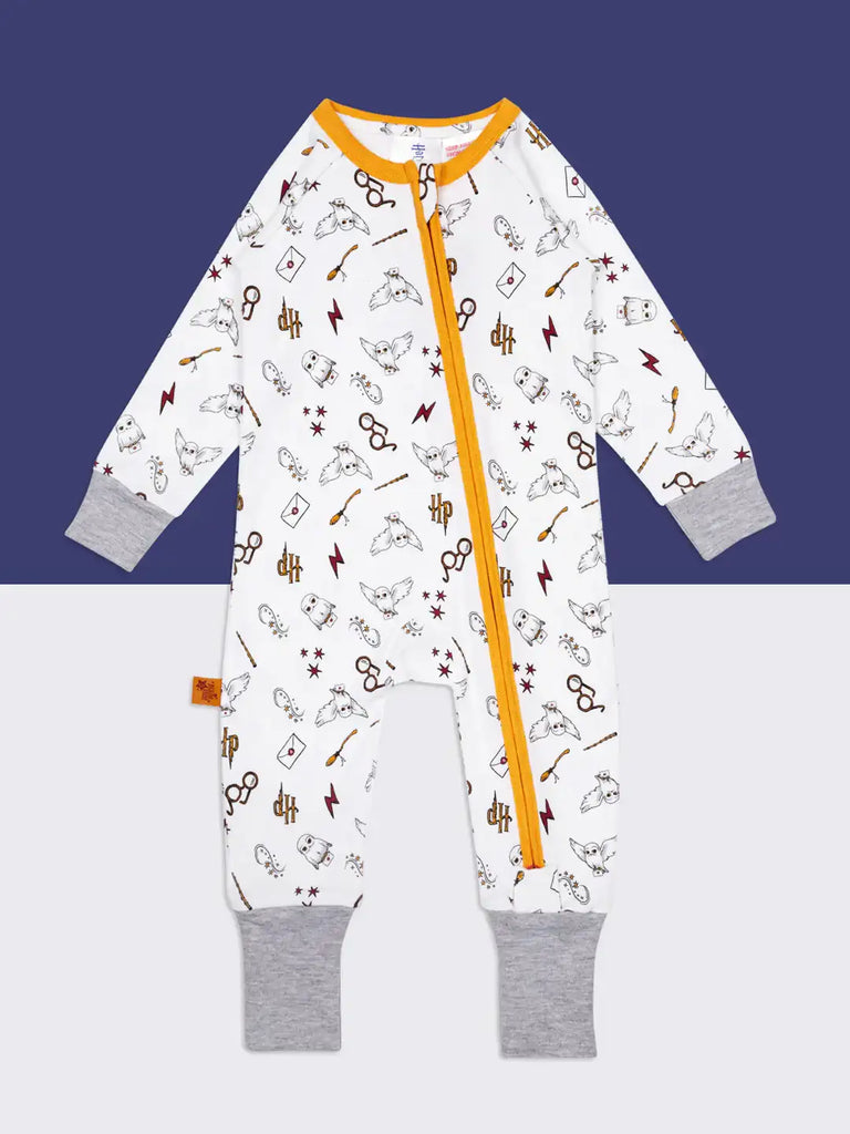 Blade & Rose Harry Potter Hedwig Owl Zip-Up Romper. Children's onesie with a pattern and orange zipper on a white background