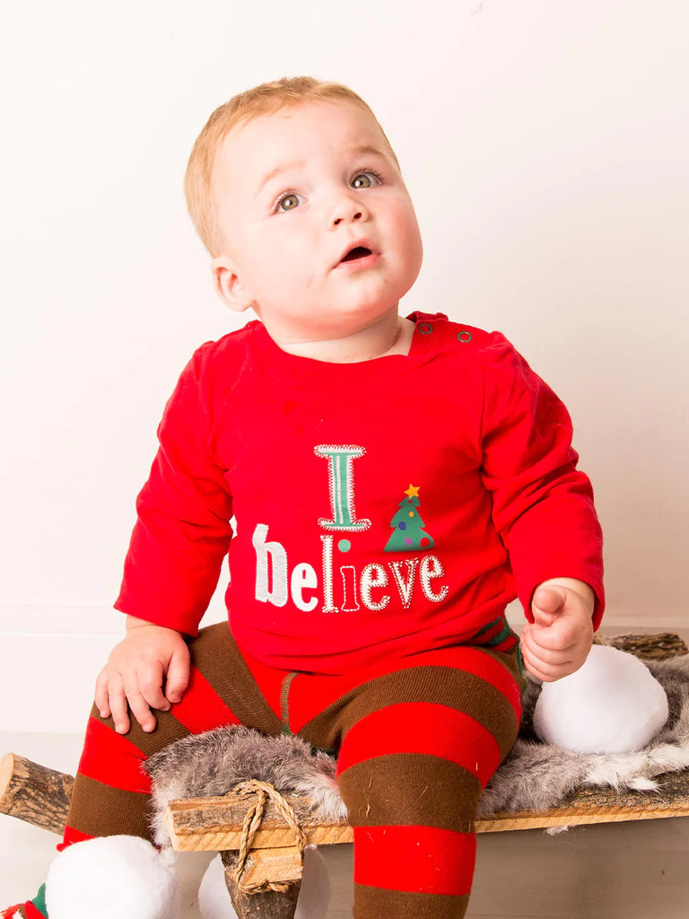 Blade & Rose I Believe Top - bold, bright and fun! This gorgeous bright festive red top features the words "I Believe" and a sweet Christmas tree design.