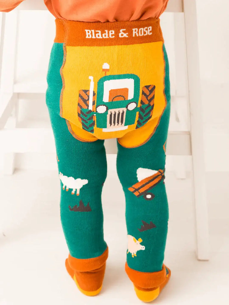 Blade & Rose Rustic Farmyard Leggings. Children's leggings with farm-themed design and 'Blade & Rose' branding.