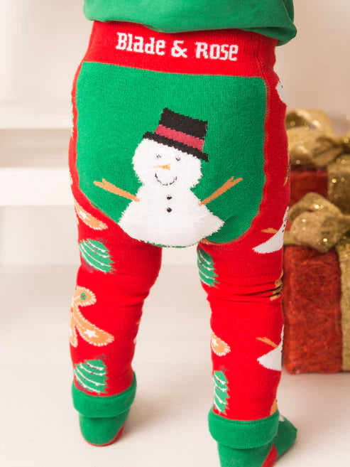Blade & Rose Snowman Leggings - bold, bright and fun! These fab leggings have a red pattern featuring gingerbread men, Christmas trees and robins and a fun fluffy snowman.