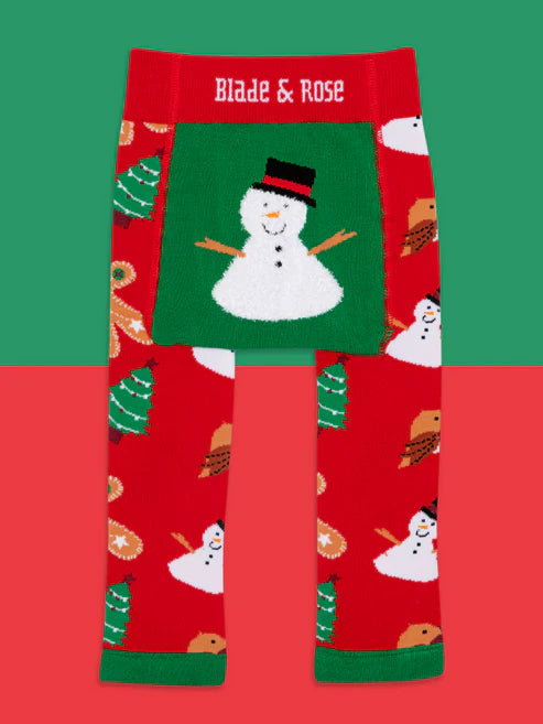 Blade & Rose Snowman Leggings - bold, bright and fun! These fab leggings have a red pattern featuring gingerbread men, Christmas trees and robins and a fun fluffy snowman.