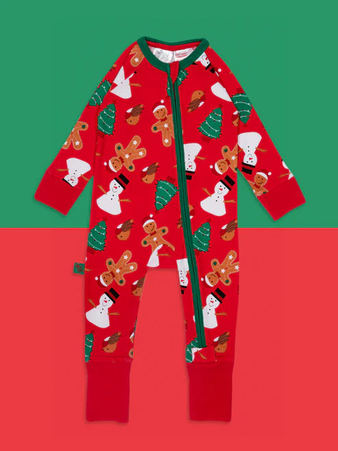 Blade &amp; Rose Christmas Zip Up Romper- bold, bright and fun! This fab romper is bright red with contrasting green zip and the cutest Christmas design featuring trees, snowmen, gingerbread men and robins.