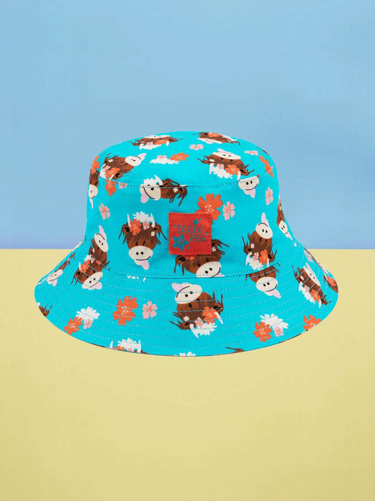 A gorgeous sunproof summer hat with an adorable Bonnie the Highland Cow design. colourful background
