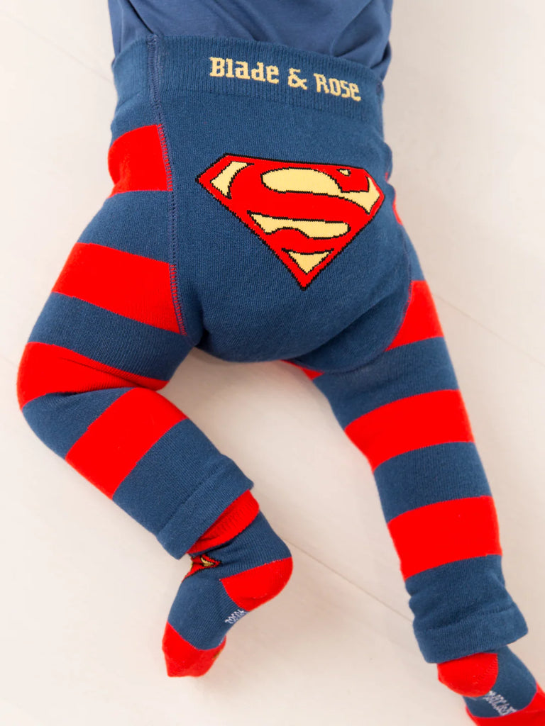 Blade & Rose Superman Leggings. Blue and red striped leggings with Superman logo and 'Blade & Rose' branding on a white background.