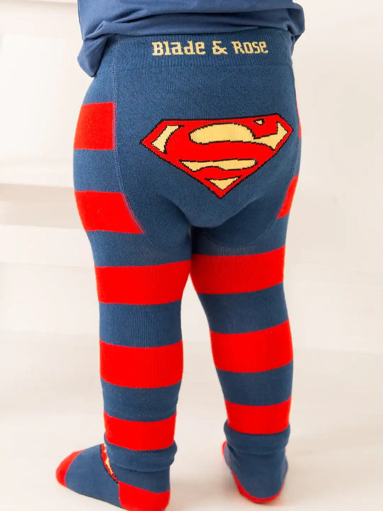 Blade & Rose Superman Leggings. Blue and red striped leggings with Superman logo and 'Blade & Rose' branding on a white background.