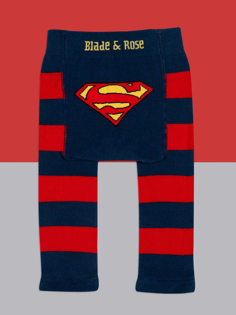 Blade & Rose Superman Leggings. Navy and red striped leggings with Superman logo and 'Blade & Rose' text on a red and gray background