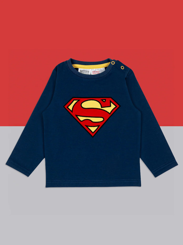 Blade & Rose Superman Top. Navy blue long-sleeve shirt with Superman logo on a red and gray background