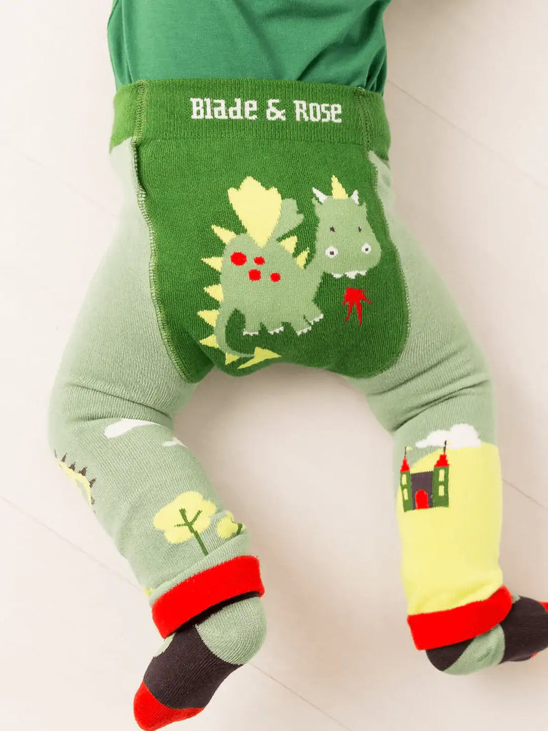 Blade & Rose Teddy The Dragon Leggings. Children's green leggings with dragon design and Blade & Rose branding.