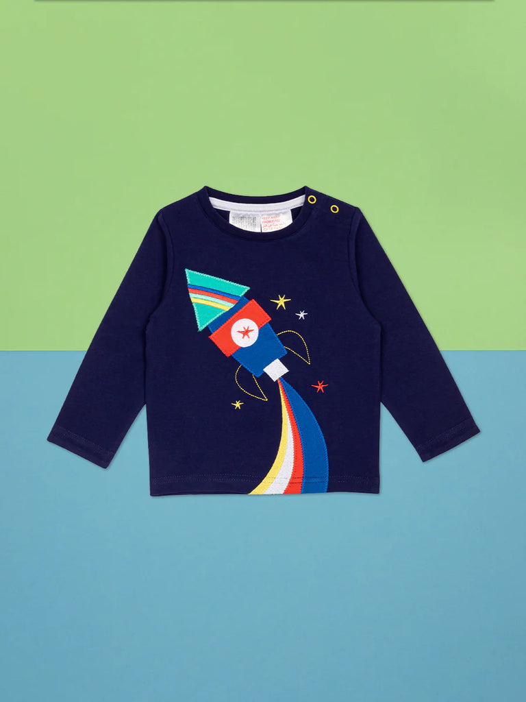 To The Moon And Back Top - bold, bright and fun! This gorgeous navy blue top features a bold and colorful rocket ship applique design on the front, perfect for any aspiring astronaut!