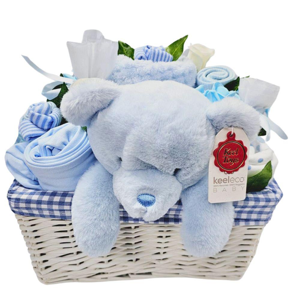 Deluxe Baby Boy Gift Flower Basket by Say It Baby Gifts. Unique Baby Boy Gift Basket