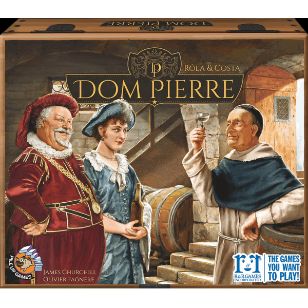 Board game box titled 'Dom Pierre' featuring characters in historical attire.
