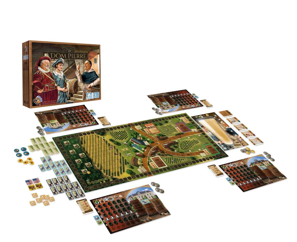 Board game- Dom Pierre. set with pieces and a map on a white background