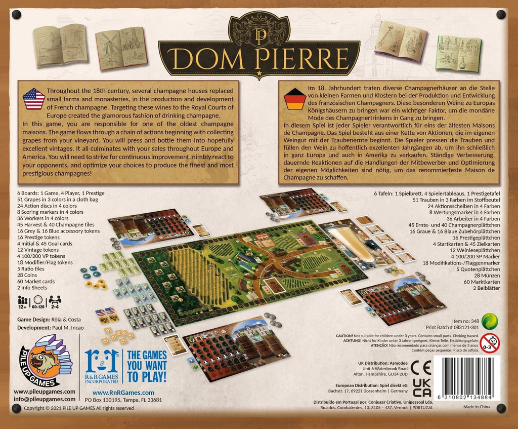 Board game packaging for 'Dom Pierre' with game pieces and layout 