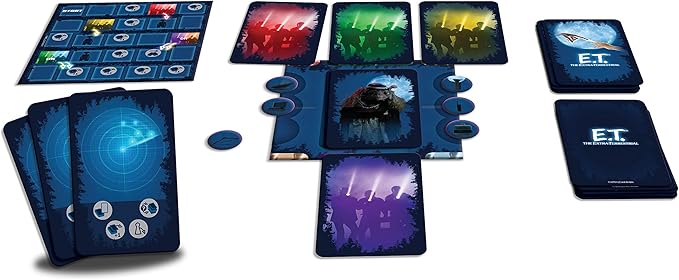 Board game components including cards and a board with 'E.T.' theme on a white background. E.T The Extra Terrestrial Card Game