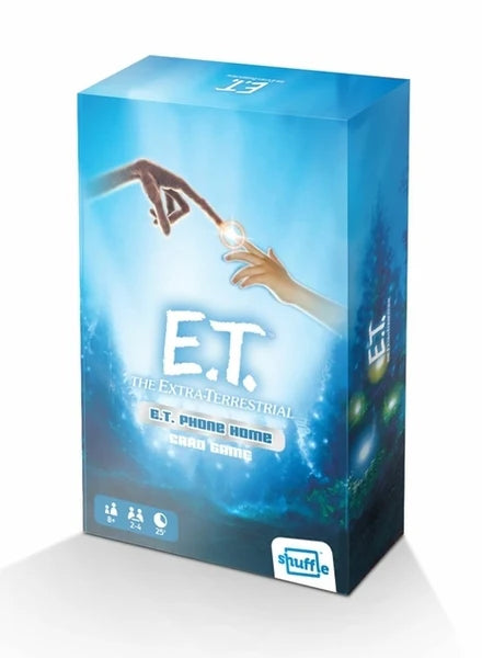 E.T. phone home game box with blue and white design. E.T The Extra Terrestrial Card Game