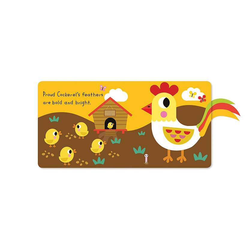 Little Stars Farm Tails Sensory Book Children's book page with a cartoon rooster and chicks on a yellow background