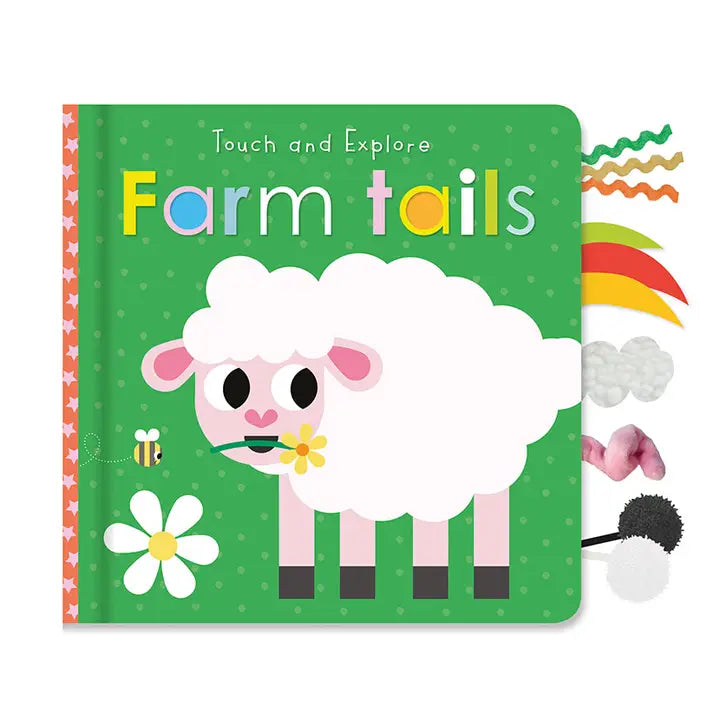 Little Stars Farm Tails Sensory Book. Children's book titled 'Farm Tails' with a cartoon sheep on a green background