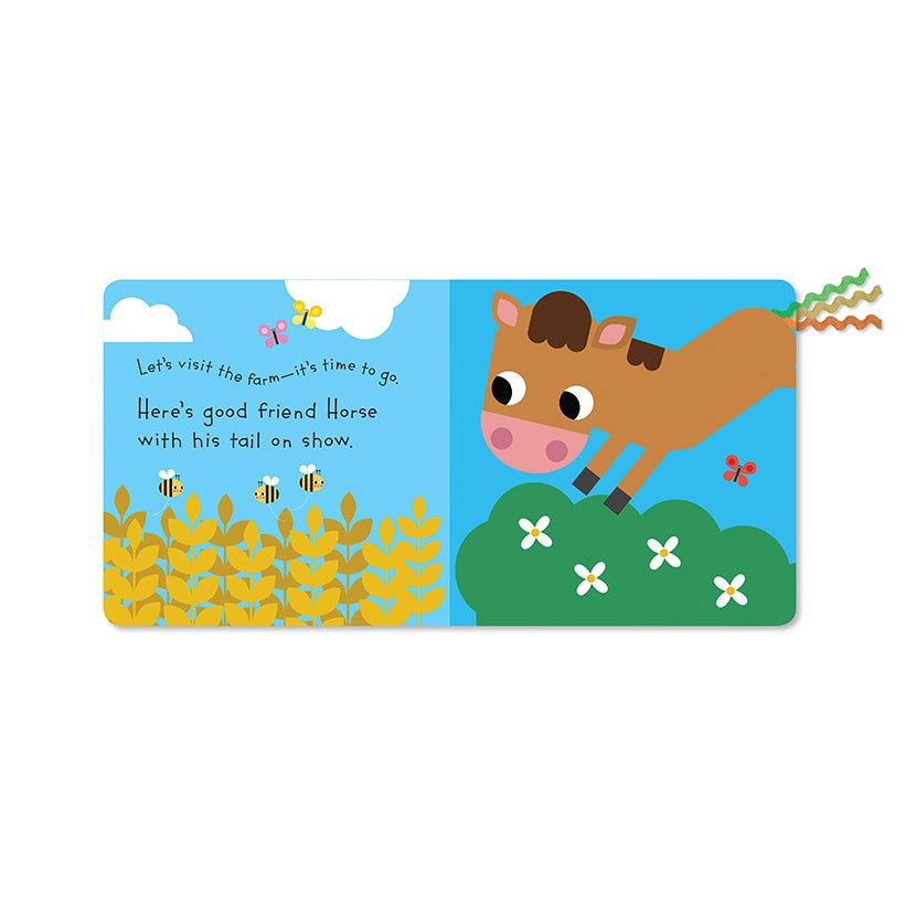Little Stars Farm Tails Sensory Book Children's book page with a horse illustration and text on a blue background