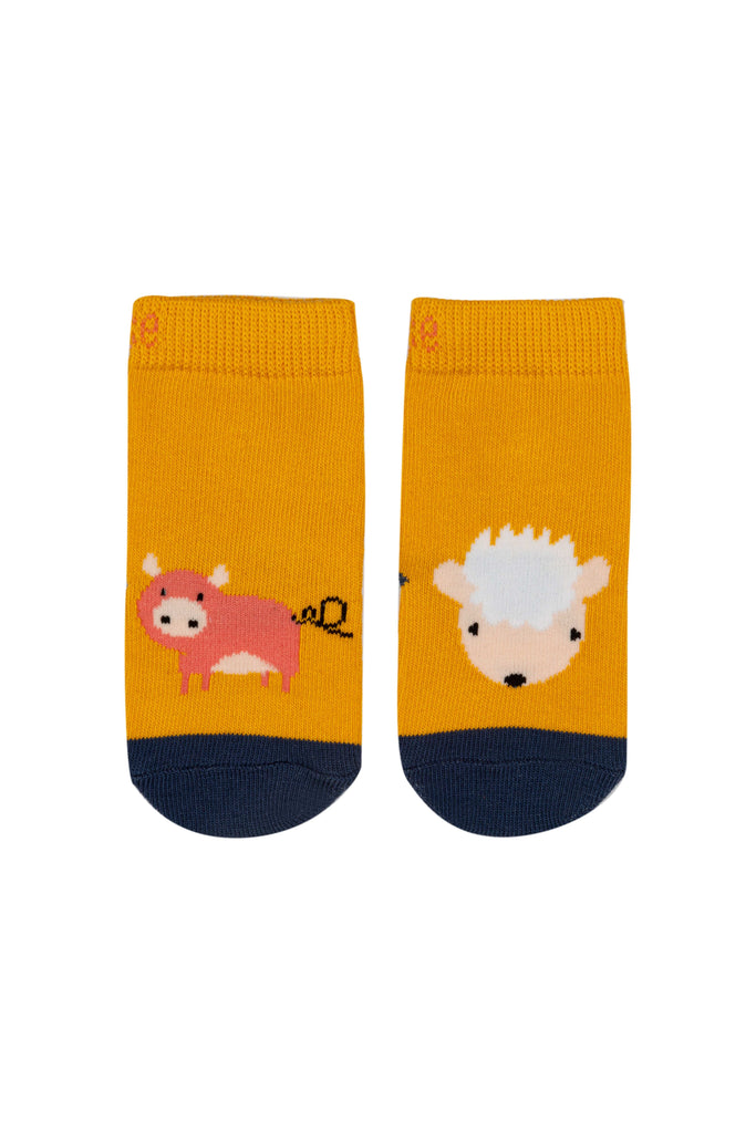 Blade & Rose Meadow Farmyard Socks. Pair of orange socks with animal illustrations on a white background