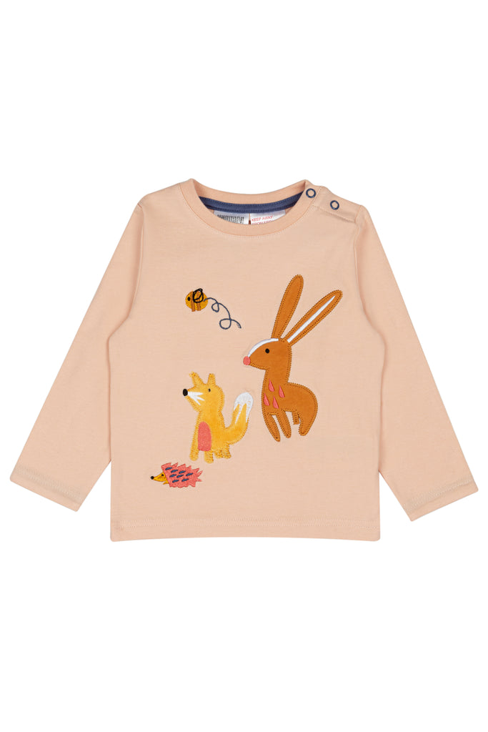 Children's long-sleeve shirt with fox and rabbit design on a beige background. Blade & Rose Meadow Farmyard Top